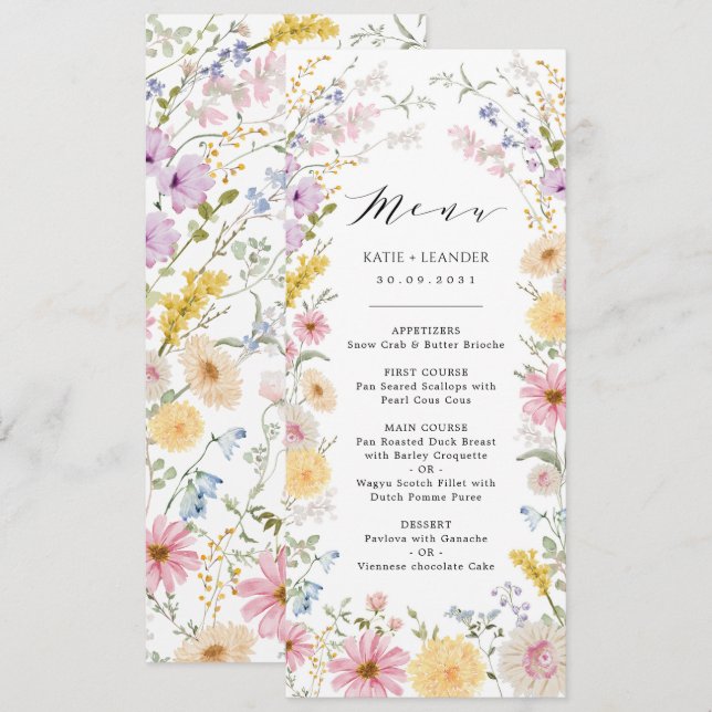Convite Romantic Wildflower Meadow Wedding Menu Card (Frente/Verso)
