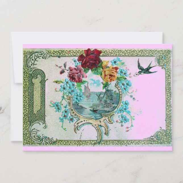 Convite ROMÂNTICA 3 Festa de Casamento Floral Azul Rosa (Frente)