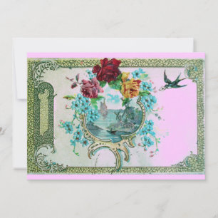 Convite ROMÂNTICA 3 Festa de Casamento Floral Azul Rosa