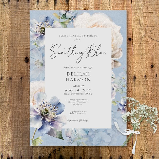 Convite Romântica Algo Azul Chá de panela Floral (Romantic Something Blue Floral Bridal Shower Invitation)