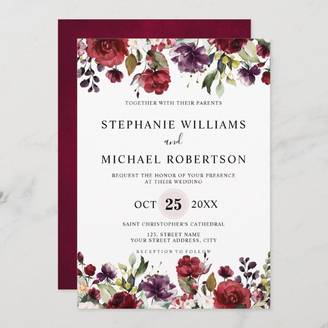 Convite Romântica Aquarela Borgonha Vermelha Rosa Floral (Frente/Verso)