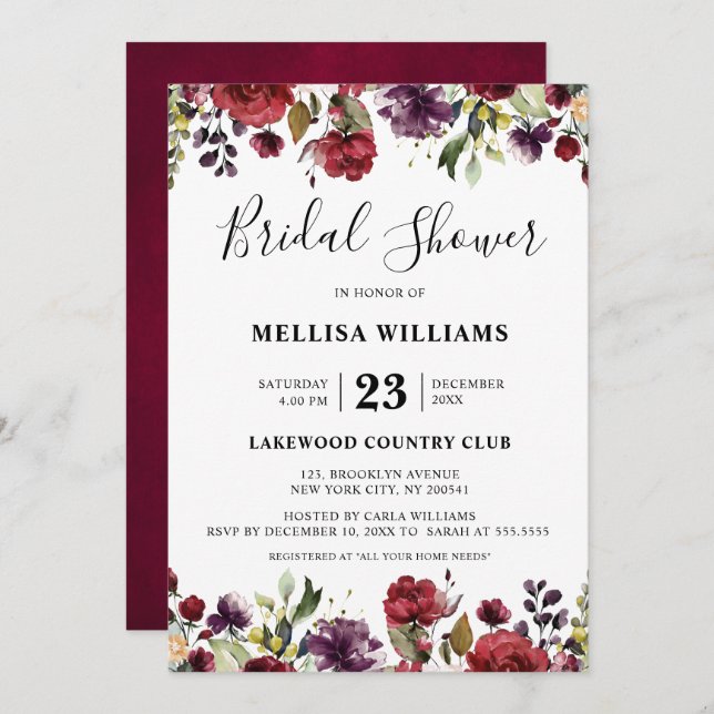 Convite Romântica Aquarela Borgonha Vermelha Rosa Floral (Frente/Verso)
