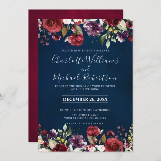 Convite Romântica Aquarela Burgundy Marinho Vermelho Flora (Frente/Verso)