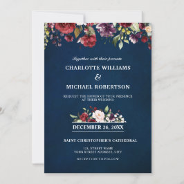 Convite Romântica Aquarela Burgundy Marinho Vermelho Flora