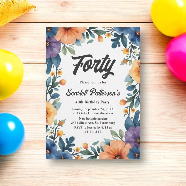 Convite Romântica Aquarela Floral aniversário de 40 anos (Criador carregado)