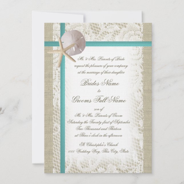 Convite Romântica Beach Burlap e Lace Aqua (Frente)