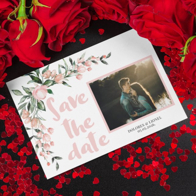 Convite Romântica Blush PInk Foto Floral Salvar data (Criador carregado)