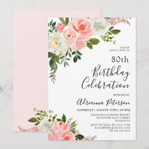 Convite Romântica Blush Rosa Floral 80 de Aniversário