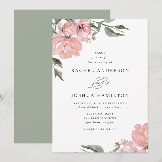 Convite Romântica Blush Watercolor Floral Neutro | Casamen (Frente/Verso)
