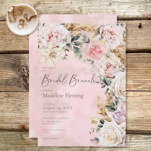 Convite Romântica Boho Rosa Roses e Pampas Bridal Brunch (Romantic Boho Pink Roses & Pampas Bridal Brunch Invitation)