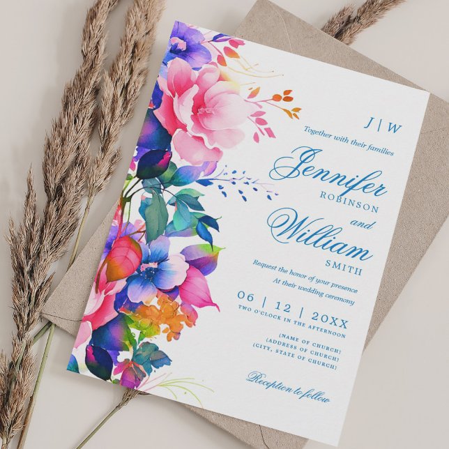 Convite Romântica Casamento Floral Elegante Rainbow Ombre (Romantic Floral Wedding Elegant Rainbow Ombre Invitation)