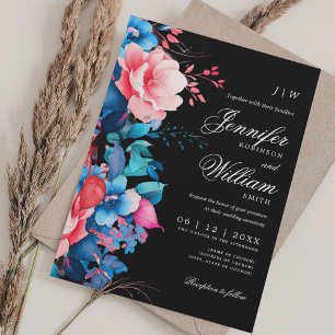 Convite Romântica Casamento Floral Elegante Script Azul Pr