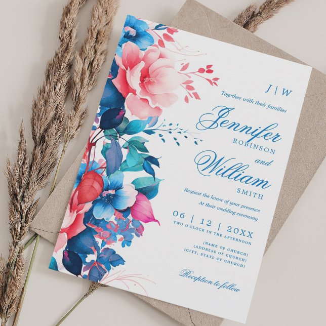Convite Romântica Casamento Floral Elegante Script Azul Ro (Romantic Floral Wedding Elegant Script Blue Pink Invitation)