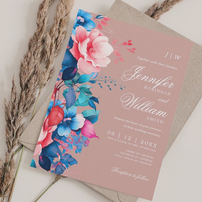 Convite Romântica Casamento Floral Elegante Script Dusty R (Romantic Floral Wedding Elegant Script Dusty Rose Invitation)