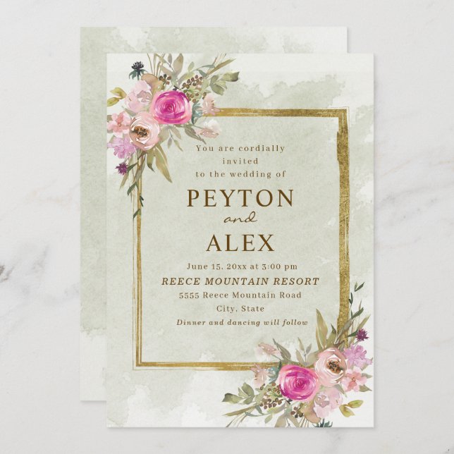 Convite Romântica, cor-de-rosa, Sábio Verde deixa Dourado (Frente/Verso)