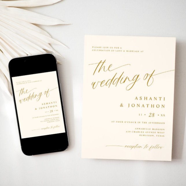 Convite Romântica, Dourada Ivory, tudo em um único casamen (Gold and light cream wedding invitation - downloadable - elegant, romantic, soft)