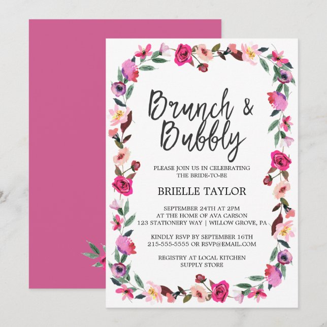 Convite Romântica Fairytale Blossom Wreath Brunch e Bubble (Frente/Verso)