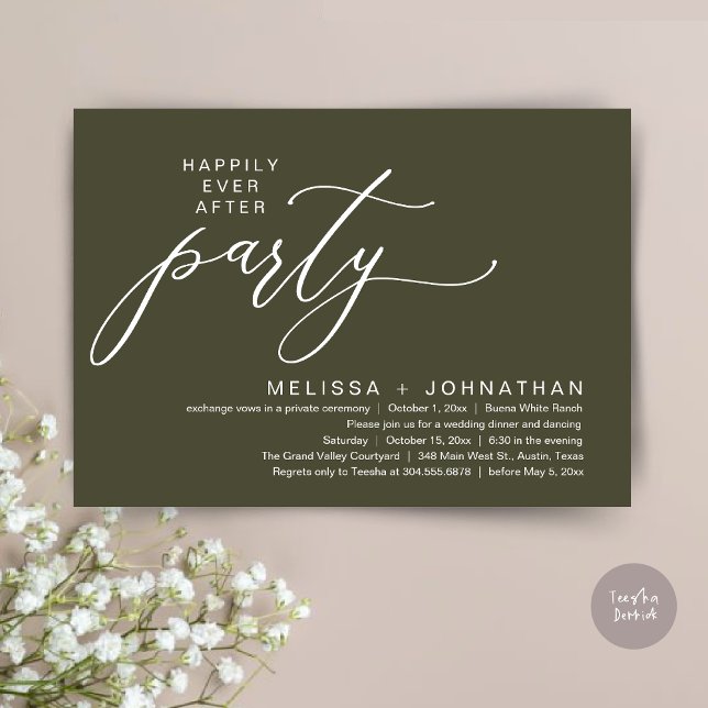 Convite Romântica Felizmente Depois do Janto de Ampliação  (Romantic Modern Happily Ever After Party Elopement Dinner Invitation Card PDF in Rustic Olive Green)