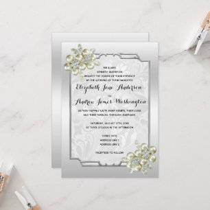 Convite Romântica Floral Gem Silver Enquadrado, Casamento 