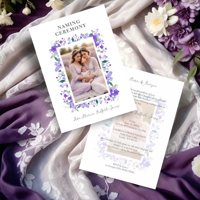 Convite Romântica Frame Floral Purple Shades 2 Fotografias (Romantic Floral Frame in Purple Shades with 2 Photos Naming Ceremony Template Invitation Card. )