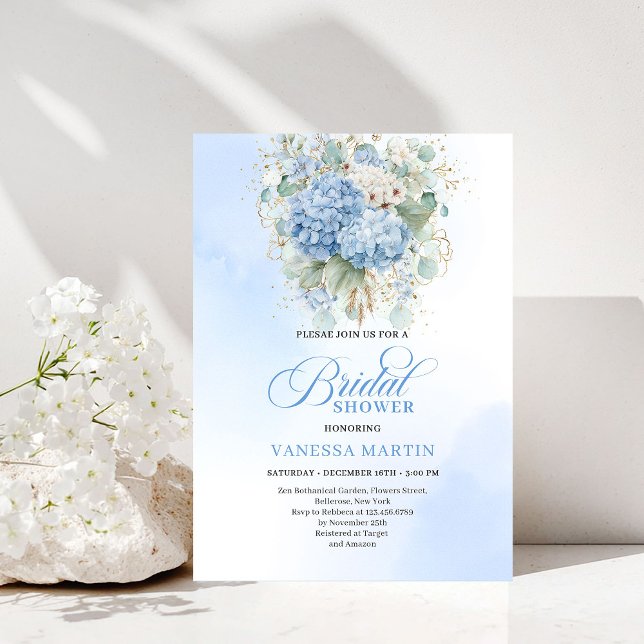 Convite Romântica Hidrangea Azul Dourada Chuveiro de Noiva (Romantic Blue Hydrangea Gold Floral Bridal Shower Invitation)