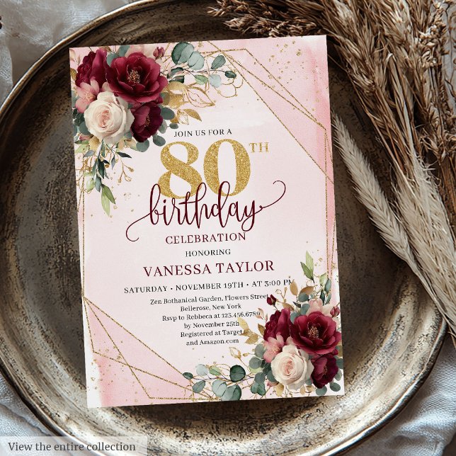 Convite Romântica Marsala Esmaga Flores Douradas 80 de Ani (Romantic Marsala Blush Gold Flowers 80th Birthday Invitation)