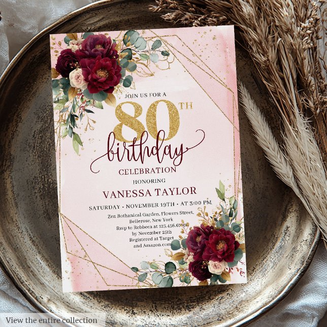 Convite Romântica Marsala White Flores Douradas 80 de Aniv (Romantic Marsala White Gold Flowers 80th Birthday Invitation)