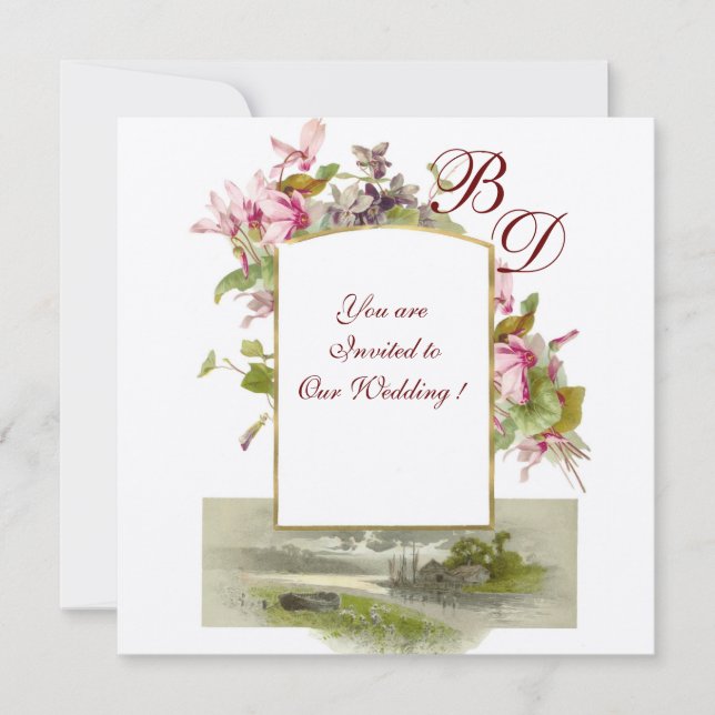 Convite ROMANTİCA MONOGRAM/CYCLAMENS,champanhe verde-rosa (Frente)