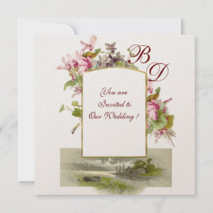 Convite ROMANTİCA MONOGRAM/CYCLAMENS,champanhe verde-rosa