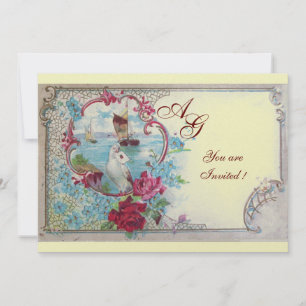 Convite ROMANTICA MONOGRAM, gelo branco rosa-rosa vermelho