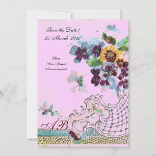 Convite ROMÂNTICA Monograma de casamento floral azul rosa 