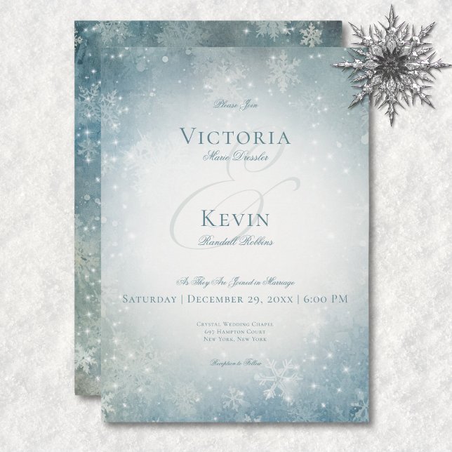 Convite Romântica Neve Cintilante Azul e Branco (Romantic Falling Snow Blue & White Sparkle Invitation)