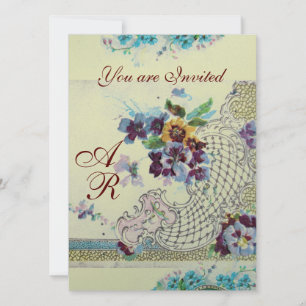 Convite ROMÂNTICA Rosa Azul Prata Floral Casamento Monogra