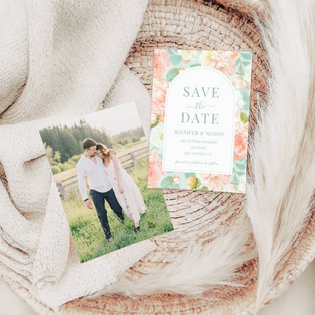 Convite Romântica Rosa Mint Teal Floral Boho Salvar Data (Criador carregado)