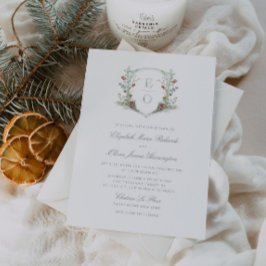 Convite Romântica Winter Greenery Monograma Crest Casament