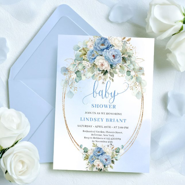 Convite Românticas Peônias em Azul Poeirento com Eucalipto (Romantic Dusty Blue Peonies Eucalyptus Shower Invite

)