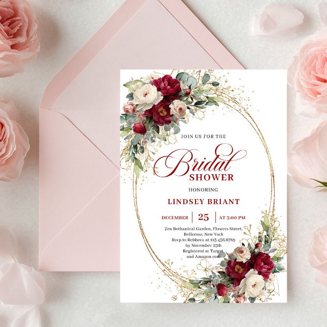Convite Românticas Rosas Brancas Borgonha Dourado Chuveiro (Romantic Burgundy White Roses Gold Bridal Shower Invite)