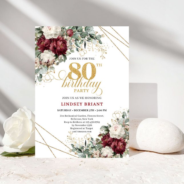 Convite Romântico Aniversário de 80 anos Flores Douradas e (Romantic Burgundy Gold Flowers 80th Birthday)