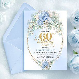 Convite Romântico Aquarela Azul Claro Floral 60 Aniversári