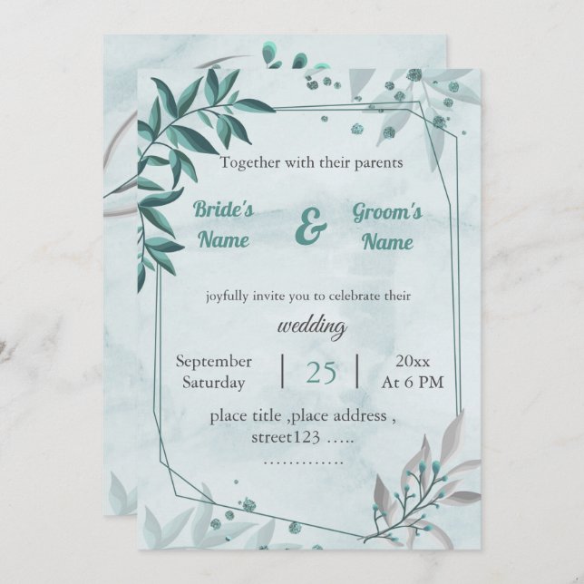 Convite romântico azul deixa casamento geométrico floral (Frente/Verso)