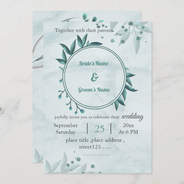 Convite romântico azul deixa casamento geométrico floral (Frente/Verso)