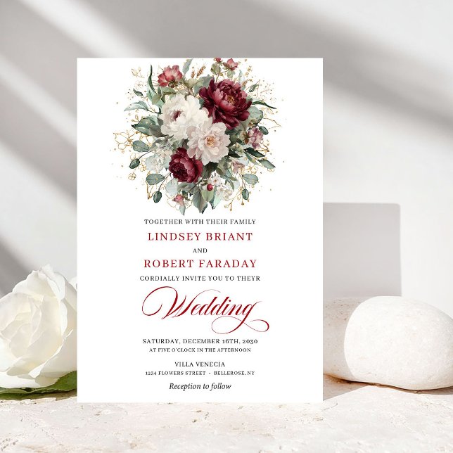 Convite Romântico Boêmio Borgonha Floral Branco Casamento  (Romantic Bohemian Burgundy White Floral Wedding Invite)