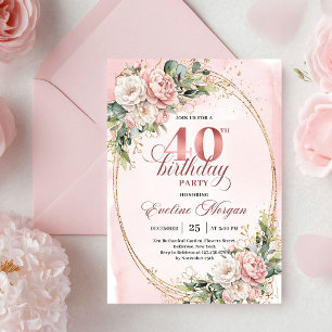 Convite Romântico Boêmio Rosa Floral Dourado Aniversário d