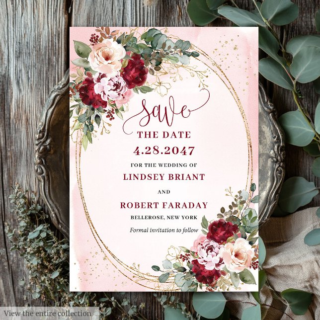 Convite Romântico Boho Bege Marrom Dourado Flores Salve Da (Romantic Boho Maroon Blush Gold Flowers Save Date)