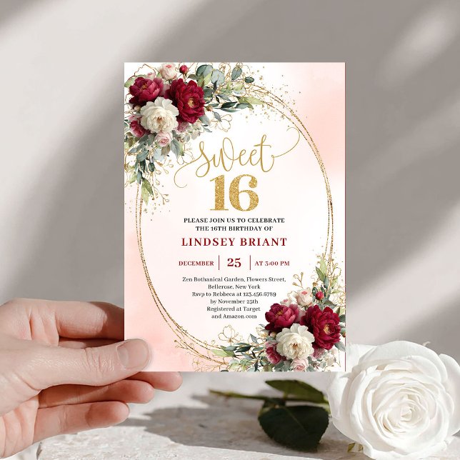 Convite Romântico Boho Borgonha Dourado Floral Sweet Sixte (Romantic Boho Burgundy Gold Floral Sweet Sixteen Invite)
