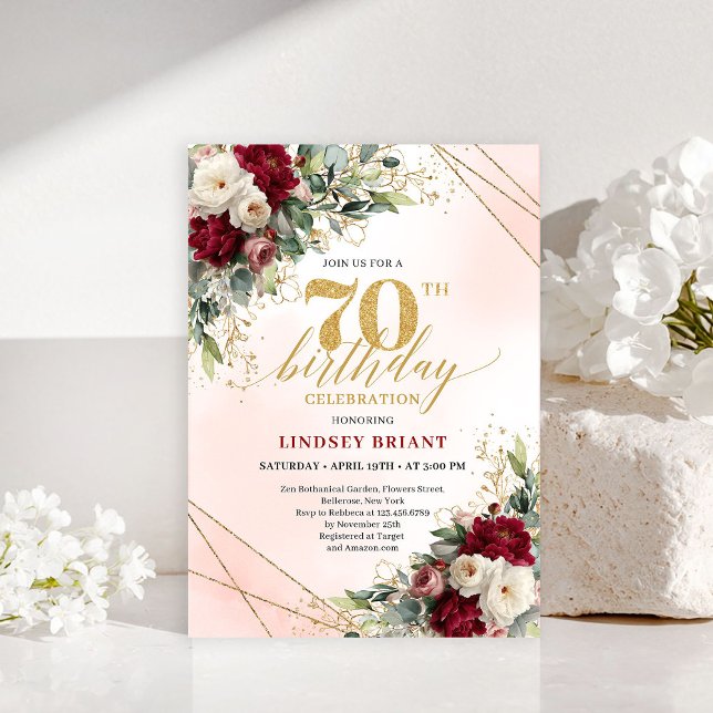 Convite Romântico Boho Borgonha Floral 70 Anos (Romantic Boho Burgundy Floral Happy 70th Invitation)