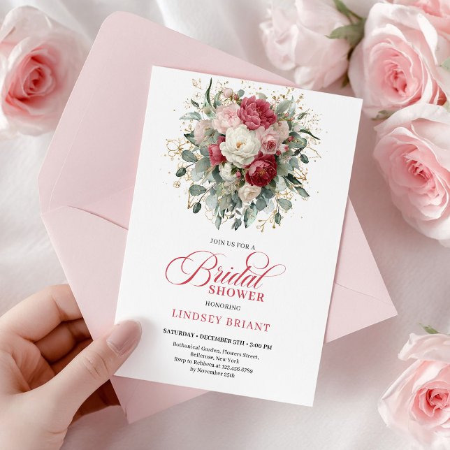 Convite Romântico Boho Crimson Beijo Cor-de-Rosa Dourado F (Romantic Boho Crimson Blush Gold Floral Bridal Shower

)