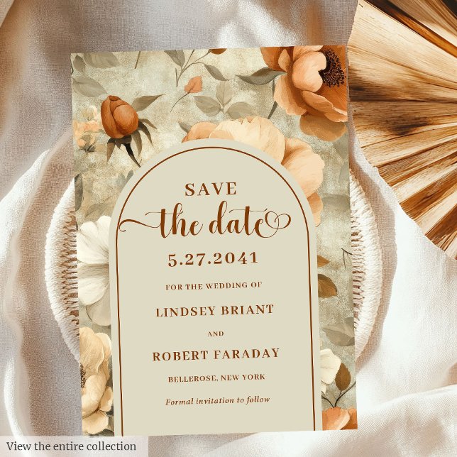 Convite Romântico Boho Ferrugem Marfim Floral Salve A Data (Romantic Boho Rust Ivory Floral Save The Date)