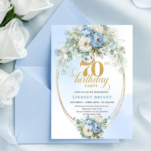 Convite Romântico Boho Flores Azuis Claras Aniversário de  (Romantic Boho Light Blue Flowers 70th Birthday Invite

)