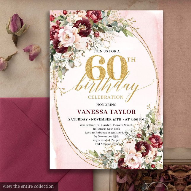 Convite Romântico Boho Marsala Dourado Floral 60º Aniversá (Romantic Boho Marsala Gold Floral 60th Birthday)